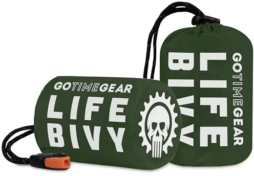 Go Time Gear Life Bivy Notfall-Schlafsack, Thermo-Bivvy – Verwendung als Notfall-Bivy-Rucksack, Überlebens-Schlafsack, Mylar-Notfalldecke – Inklusive Stoffsack mit Survival-Pfeife + Paracord-Schnur.