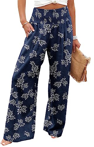 Angerella Women's Casual Loose Wide Leg Cozy Pants Yoga Sweatpants Comfy High Waisted Sports Athletic Lounge Pants with Pockets FloralBlue M