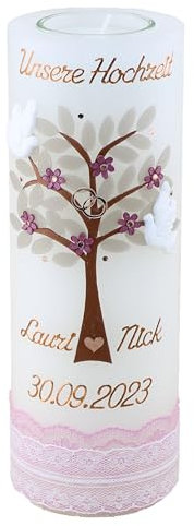 Cerziies® Hochzeitskerze Rustik Lauri und Nick mit Name und Datum, individuell und handverziert 2101, Variante:Klassischer Docht