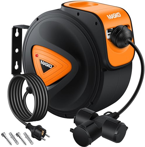 MASKO® Avvolgicavo automatico Cavo di prolunga con collegamento a 3 vie Ruotabile di 180° Cavo da 1,5 m Staffa a muro Avvolgicavo da officina Avvolgitore di corrente automatico Incl. guanti - 10 m