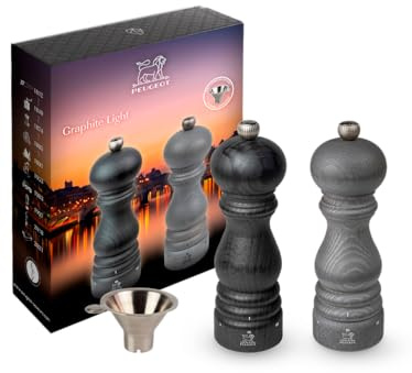 PEUGEOT - Geschenkset Émotion Graphite - Pfeffermühle + Salzmühle 18 cm + Schwarzer Tan Hoi Pfeffer - u‘Select-System - PEFC-zertifiziertes Holz - Graphit Leicht