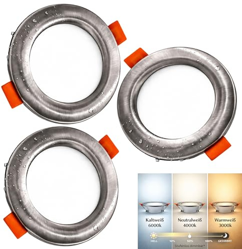 Rolux LED Einbaustrahler mattchrom 3er Set 230V IP44 dimmbar ultra flach – LED Spot 4,8W 420lm CCT 3000K/4000K/6000K – Deckeneinbauleuchte Ø65-80mm Deckenausschnitt