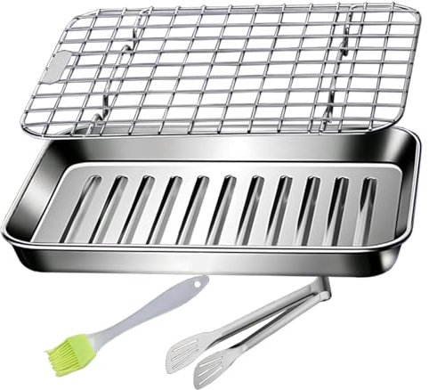 LIGUOYI Vassoio da Cucina Teglia per Forno con Griglia, Teglia per Grasso Rettangolari Vassoio in Acciaio Inox Antiaderente, Teglie per Biscotti Facile da Pulire Teglia in Metallo(240x180mm)