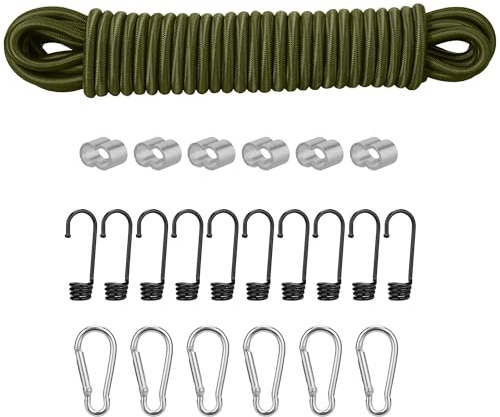 PRETEX Gummiband Expander 8mm x 10m mit Haken - Spanngummi mit Haken Karabiner Seilschlösser - Gummiseil Expanderseil zuschneidbar - Spannseil Planenseil - Bungee Cord - Olivgrün