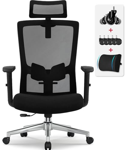 Airchros Bürostuhl Ergonomisch mit Verstellbarer Lendenwirbelstütze, Armlehnen und Kopfstütze - Drehstuhl Chefsessel mit Wippfunktion bis 135° für 150 kg