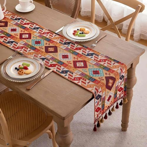 Clothfuna Boho-Esstischläufer, orangefarbener Leinen-Couchtischläufer, indischer Läufer im ethnischen Stil mit Quasten für Esstisch, Sideboard, Party, Weihnachten, Outdoor, 33 x 140 cm