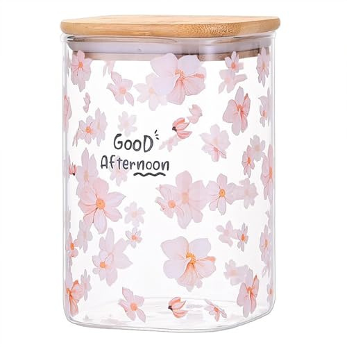 Vorratsdosen aus Glas mit Holzdeckel, Transparent, Quadratisch, Vorratsbehälter für Lebensmittel, Glas mit Blume, Stapelbare Küchenkanister für Kaffeebohnen, Mehl, Kekse, Müsli