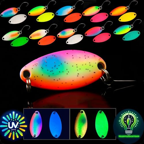 Njord Kalastus Lot de 10 cuillères lumineuses UV actives et auto-luminescentes pour truite - Dans une boîte à Spoonbox - Clignotants pour truite, pêche, truite, pêche (3,5 g UV-Glow)