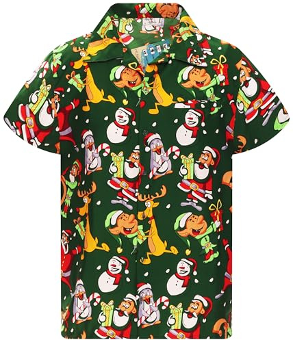 King Kameha herr roliga Hawaiianska jultryck skjortor kortärmad casual skjortor med knappar, Skriven-tomte-design-grön, 6XL