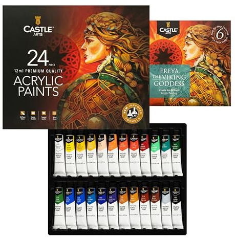 Castle Art Supplies 24 X 12ml Acrylic Paint Set | Value Beginner Set for Starters or Adult Artists | Premium Quality Intense Colours | Smooth to Use on Range of Surfaces (New Improved Formula)
