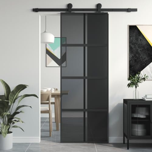 Cinyiqo Black Modern Sliding Door, 76x205 cm, Tempered Glass & Aluminium Frame, Office/Kitchen/Living Room/Shower Room Divider