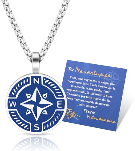 QianSiLi Festa Del Papa Idee Regalo Uomo Compleanno Papà,Collana Uomo Acciaio Inossidabile Bussola,Collana Argento Personalizzata,Regalo Papà Pasqua,Regali Per Lui