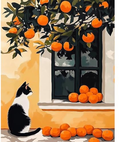 MAXBYE Katze Malen Nach Zahlen Erwachsene, Orange Bäume Paint by Numbers DIY Handgemalt Ölgemälde Kit Leinwand Acrylfarben Painting für Home Decor Geburtstag Weihnachten Geschenk, Ohne Rahmen 40x50cm