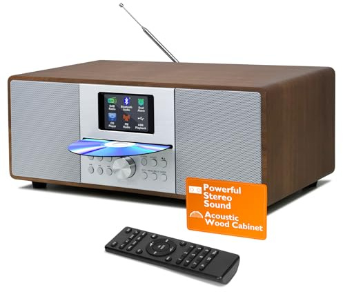 MangoKit MS4+ CD-spelare DAB Radio Hifi System I Bluetooth I Kraftfullt stereosystem I digital radio DAB+I akustiskt träskåp ICD-spelare med högtalare I40 förinställningar, hörlursuttag I