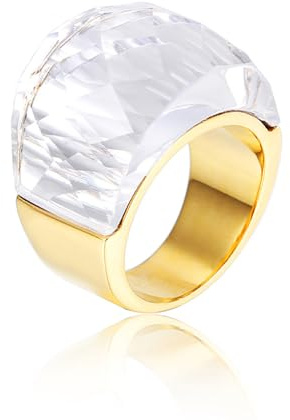 IMINI Anillo de cristal de acero inoxidable chapado en oro con circonitas cúbicas exageradas para mujer, impresionantes bandas grandes de diamantes de imitación, anillo de cóctel para fiesta de