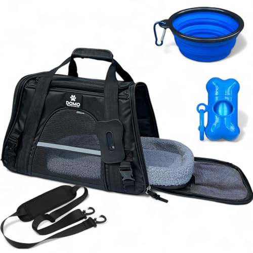 Domo Airline Approved Cat & Dog Carrier - Soft-Sided Portable Pet Travel Bag for Small & Medium Pets - Foldable Cat Carriers with Fleece Mat, Bowl & Poop Bag Holder For Car/Airplane (M 43*25*28cm)