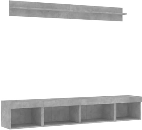 vidaXL Unités Murales TV avec LED 5 pcs, Armoires de Télévision Suspendues, Meubles Télé Flottants, Moderne, Gris Béton Bois d'Ingénierie