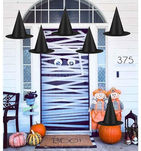 Extraible 6 Pack Black Hanging Witch Hat, Halloween Witch Cap Hanging Costume Accessories with Hanging Rope, Witch Hat Decoration for Halloween Party Garden Porch Costume and Cosplay