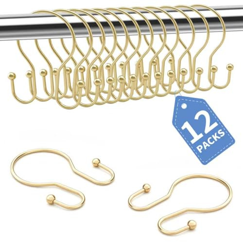 AURIVISTA 12 Pack Shower Hooks, Double Sided Metal Curtain Rings, Gold | 12 Pack Shower Hooks, Double Sided Design, Rust Resistant Metal, Fits Standard Shower Rods, For Bathroom Curtain & Liner