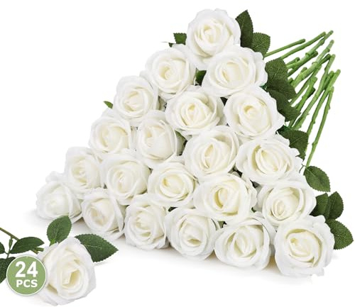 Woltoy 24 Stück Künstliche Blumen, Perlweiß Rosen Mit Stängel, Realistische Kunstblumen Für Elegante Tischdekoration, Hochzeit Und Zuhause