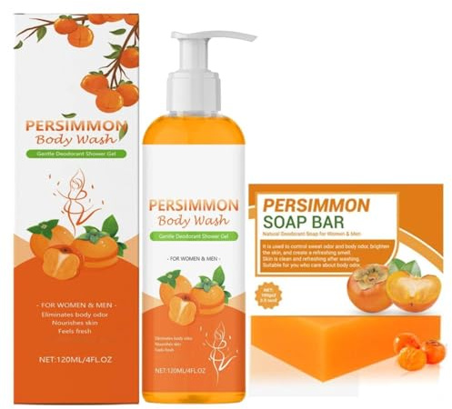 Persimmon Body Wash and Persimmon Soap Bar Set, Persimmon Goat Milk Soap and Deodorant Shower Gel for Old People Smell, Deeply Cleansing, Gentle Ingredient Body Odor Bath for Women, Men