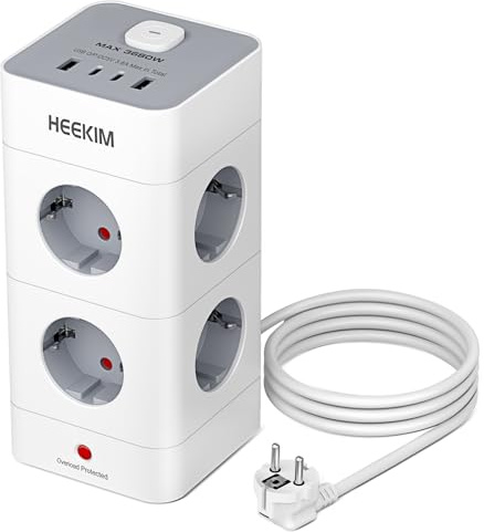 Multiprise avec Interrupteur, Multiprise Parafoudre et Surtension with 8 Sortie AC and avec 2 USB-A et 2 USB-C, pour Le Bureau, Salon, Chambre à Coucher - 2M
