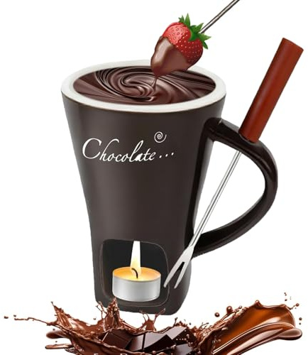 Chocolate Fondue Mug with Forks, Chocolate Melting Cup Ceramic Butter Warmers Pot Set Cheese Melting Cup Fondue Heated with a Tealight Warmer Mug for Candy Snack Caramel Party (Coffee)
