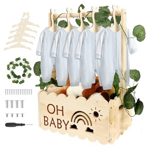 Babysäng av trä, babykorg med handtag, skötkorg med klädhängare och kransar, babyparty skåp, presentkorg, förvaringskorg, för gravida kvinnor, nya föräldrar (naturträfärg)