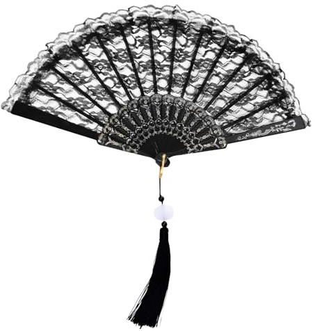 Black Lace Folding Fan, Elegant Hand Held Fans Folding, Retro Lace Hand Fan Foldings with Pendant, Black Fans Handheld Foldings Gifts for Bride Wedding Women Dancing Birthday Party Cosplay