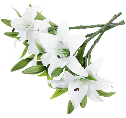 Housoutil Ramo de Lirios Artificiales Realistas 4 Piezas Blancas Flores Decorativas para Bodas Centros de Mesa Ramos para Fiestas y Decoración de Hogar