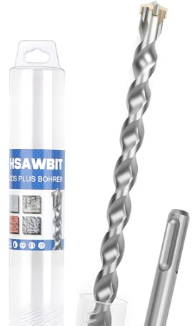hsawbit Foret SDS Plus 16 x 1000 mm pour béton, pierre, 4 coupes en carbure de tungstène