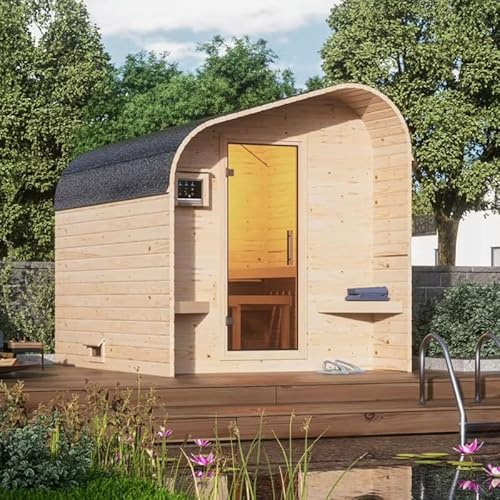 Karibu Sauna Extérieur Tonneau 4-6 Places | Bois Épicéa Nordique 38mm | Porte Vitrée, Poêle avec Contrôle Externe | 219x295cm, Toit Isolant