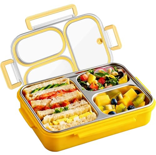 Calenxy Edelstahl Brotdose mit 3 Fächern, Auslaufsicher Metal Bento Box mit Dichtring, Spülmaschinenfest Lunchbox Meal Prep Box für Kinder & Erwachsene, Ideal für Schule Büro unterwegs