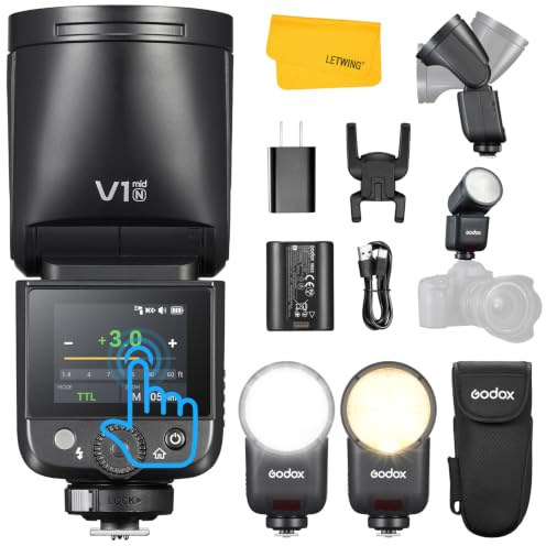 Godox V1 Mid N Flash pour Nikon, 55Ws TTL 1/8000s HSS Flash Cobra Nikon | 2,4G Tête Ronde Flash, Recharge USB-C, 650 éclairs à Pleine Puissance, écran Tactile Couleur, Lampe Pilote LED à 10 Niveaux