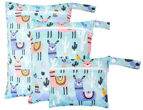 Tapufitil 3er Set Wetbags im Alpakamuster, wasserdichte Windeltasche & Nasstasche für Baby & Kindergarten, Tragbare Wetbag für Unterwegs mit Süßem Alpaca-Design