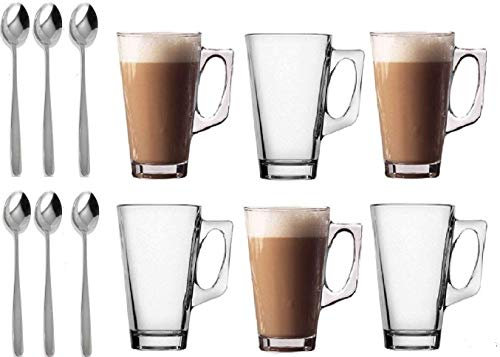 Lettuce eat ® Set of 6 Latte Glasses Tea Coffee Cappuccino Glass Cups HOT Drink Mugs (Fits Tassimo & Dolce Gusto) Free Spoons