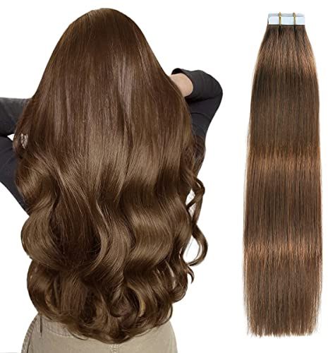 SUYYA Tape Extensions Echthaar 20 Zoll 50 cm #4 Schokoladenbraun | Remy Echthaar, natürliche Haarverdichtung, Skin Weft, 20 Stück 50 g, für mehr Länge und Volumen mit natürlichem Look