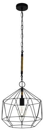 EGLO Pendelleuchte Cottingham, 1 flammige Hängelampe Vintage, Industrial | Retro, Hängeleuchte aus Stahl und Naturseil, Esstischlampe, Wohnzimmerlampe hängend in Schwarz, Natur, E27 Fassung, Ø 37 cm