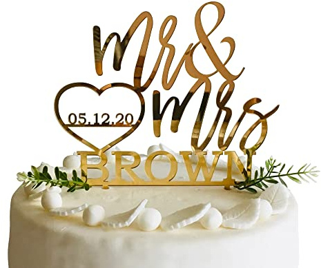 Personalisiert Herr und Frau Hochzeit Kuchen Topper mit Nachname, Hochzeitsdatum und Herz, Mr & Mrs Tortenstecker Custom Familienname Hochzeitstorte, Kuchendeko aus Holz und Acryl