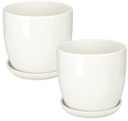 Kotarbau® - Vaso da fiori in ceramica per piante con vassoio antigoccia, diametro di 15 cm, colore bianco, set da 2