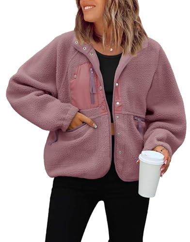 ReachMe Womens Sherpa Jacket Casual Lapel Button Down Cropped Fuzzy Fleece Jackets Long Sleeve Winter Coats with Pockets(Dusty Pink,L)