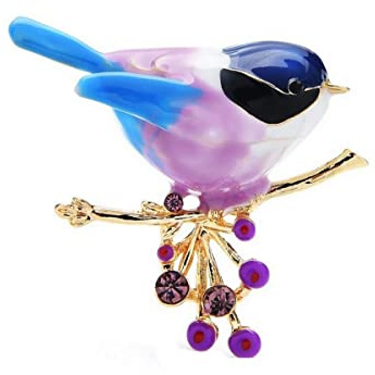 Broche bijou oiseau sur branche bleu et mauve dominant.