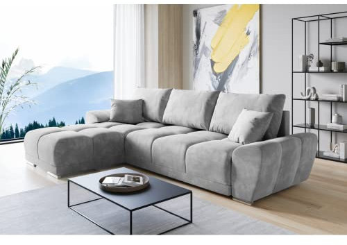 ML Furniture Velvet Ecksofa in L-Form – Hellgrau Sofa – Couch mit Stauraum und Kissen - Ausziehbares Schlafsofa – Sofa mit Schlaffunktion - Schlafsofa mit Bettkasten – Gästebett – 289 x 189 cm