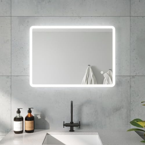 Led Spiegel Badspiegel 70x50 cm Dekorative Wandspiegel Badezimmerspiegel mit Beleuchtung Badezimmer Beleuchteter Spiegel Wand mit Licht Kaltweiß 6400K Vertikal oder Horizontal Montierbar Slim-Design