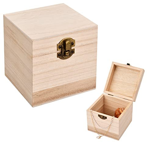 Holzkiste mit Deckel, Holzschachtel Holzbox Natur, Holz Schatulle mit Scharnieren und Verschluss, Kleine Holztruhen als Aufbewahrungsbox Schatzkiste, Schmuckkästchen für Malen Deko (10 x 10 x 10 cm)