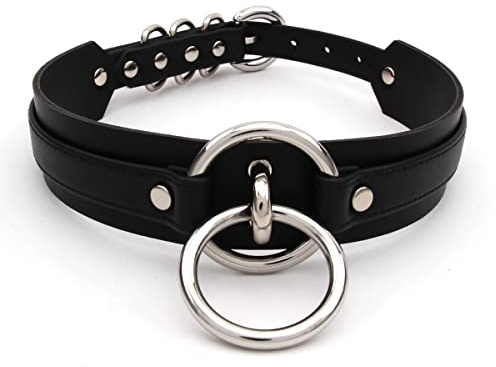 lalatia Damen Halsband O Ring Kunstleder Choker Halskette in große Größen (Schwarz Silber)