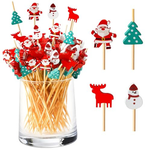 Bekeify 200 Stück Cocktailspieße 12cm Fingerfood Spieße Weihnachten Holz Obstspieße Zahnstocher Holzspieße Cocktail Sticks Cocktail Picks Dekoration Cocktail Deko Zubehör für Grillgut Obst Kuchen