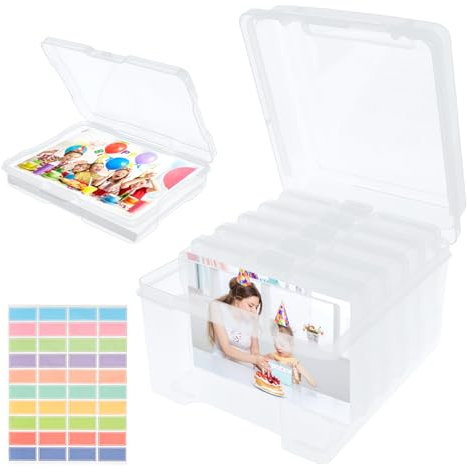 CAUTIOUS Fotoaufbewahrungsbox Fotobox Foto Organizer Transparent 22X18,7X13,5cm mit 6 Fächern und Etiketten Fotoaufbewahrungsbox Mehrzweck Fotobox aus Kunststoff für Foto Karten