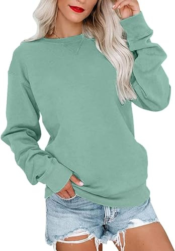 VIGVAN Damen Sweatshirt Pullover Elegant Basic Langarmshirt Rundhals Baumwolle Pulli Herbst Winter Casual Oberteile Langarm Tops (Grün-1, M)