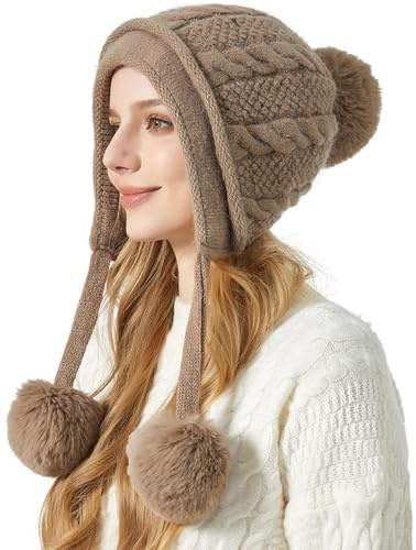Yixda Damen Wintermütze Strickmütze Pom Pom Beanie Mütze mit Ohrenklappe (Khaki)